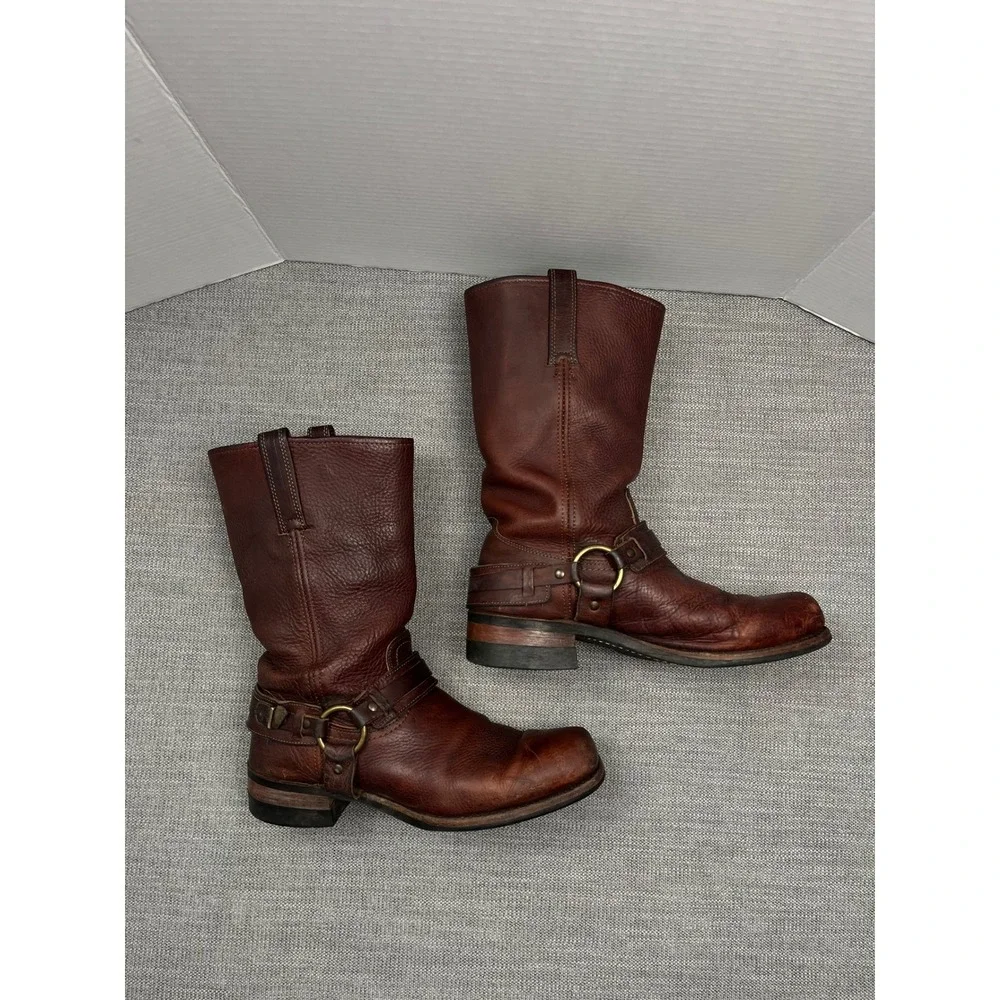 Frye Harness 12R Boots Mens 11 Brown Leather Biker Western Square Toe Distressed